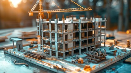 Generate a photo realistic image of a construction project featuring a detailed financial breakdown with charts and budgeting tools; ensure the image is of high resolution for clear