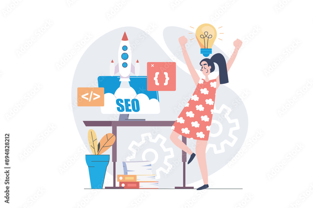 Leinwandbilder SEO optimization concept in modern flat design for web. Woman developing startup site project, analyzing and improving internet page traffic, making engine search settings. Vector illustration.