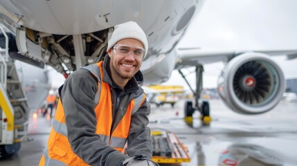 A male airport worker, smiling and wearing safety gear, stands in front of an airplane engine on the tarmac, representing aviation, safety, and industrious spirit.