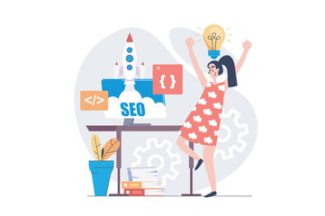 SEO optimization concept in modern flat design for web. Woman developing startup site project, analyzing and improving internet page traffic, making engine search settings. Vector illustration.