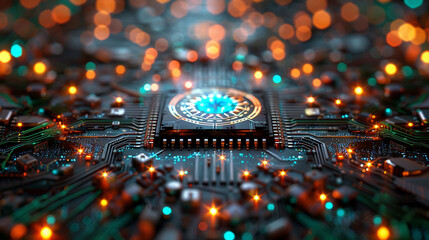 A technological circuit board with glowing elements. The intricate design showcases the complexity of modern electronics.