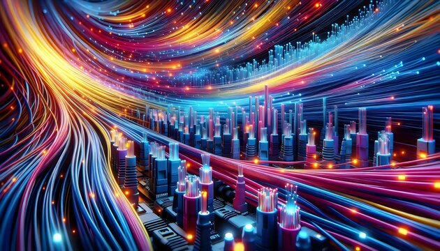 Abstract Art of Fiber Optic Cables with Glowing Lights