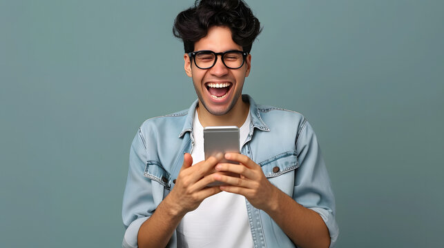 Young hispanic student celebrating victory and happy good news online, man reading page interent received notification and message, hold phone, use app win and good achievement