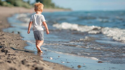 A young child with blonde hair walks barefoot on a sandy beach towards the gentle waves of the ocean under a clear sky, enjoying the tranquility of nature.