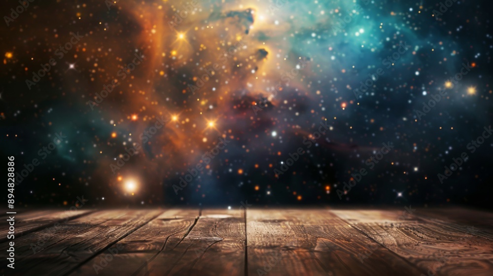 Poster a rustic wooden table top sits in front of a starry night sky, with bright spots and a swirling nebu