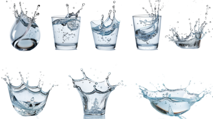 Water splashing from glasses sequence on white