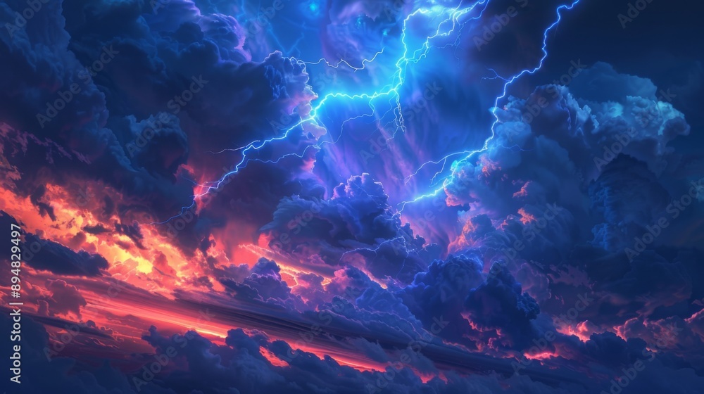 Poster lightning streaking across a stormy night sky, illuminating clouds with a surreal glow.