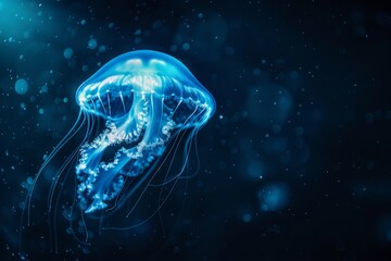 Fototapeta premium Jellyfish glows blue in the dark deep ocean