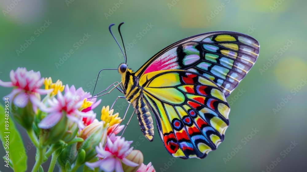 Poster macro close-up of a colorful butterfly perched on a flower, with delicate wings spread open.