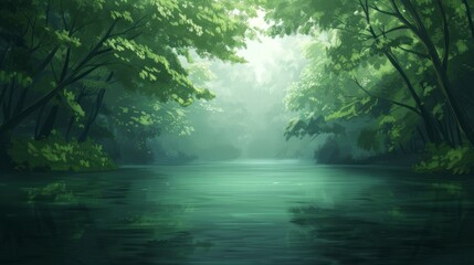 Illustrate a serene ecopreservation scene with a focus on green landscapes and pristine natural beauty using digital techniques for a photorealistic finish