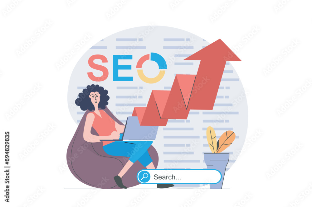 Leinwandbilder seo optimization concept in modern flat design for web. woman analyzing search data in arrow growth 