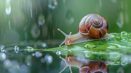 Macro view of a snail sliding across a wet leaf, leaving a trail of slime behind.