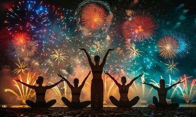 A series of beach yoga poses captured in silhouette against a backdrop of holiday fireworks