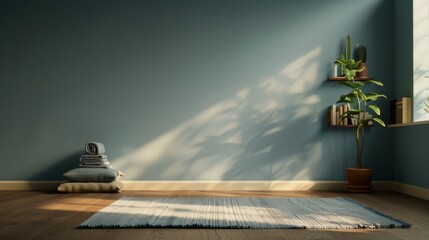 Obraz premium A serene room displaying a blue wall, cozy rug, and natural light illuminating a lush plant.
