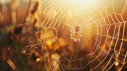 Macro view of a spider spinning a delicate web, with glistening silk threads in the sunlight.