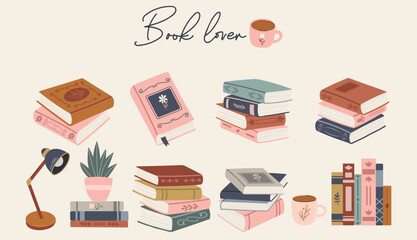 Books vector clipart. Stacks of books for reading. Reading vector collection. Bundle of decorative design elements.