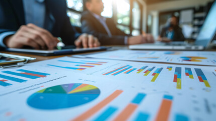 Business Group Analyzing Graphs: Analyzing financial information and planning business investments during a meeting.