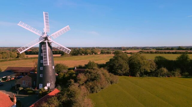 Waltham windmill. Aerial drone video clip of the historical working windmill. Only six sailed windmill in the UK
