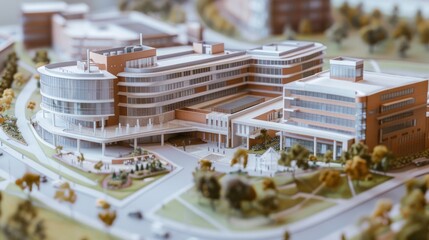 Generate a photo realistic image of a maquette depicting a medical center with hospitals, clinics, and research facilities; ensure the image is of high resolution for clear and detailed quality.