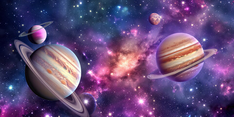 Naklejka premium A vibrant and colorful depiction of various planets with rings and a star-filled galaxy background in outer space