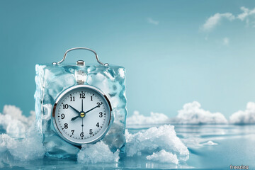 An alarm clock encased within an ice cube, symbolizing frozen time and the concept of stopping time. This imaginative representation explores themes of climate change and the impact on natural cycles