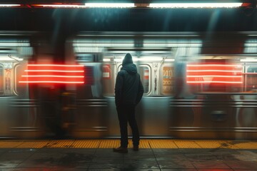 Man standing in front of moving subway train, rear view, long exposure shot