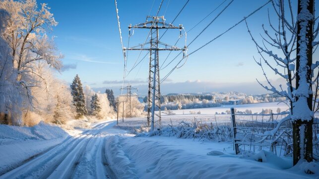 Power lines cutting through a snowy landscape, with snow-covered trees and fields in the background.
