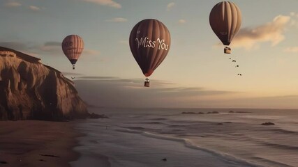 Hot air balloons glide over the ocean near a cliff at sunset. One balloon displays the message "I Miss You." The scene creates a nostalgic mood as the sun sets, casting a warm glow.