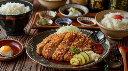 テーブルの上のとんかつ定食とコピースペース