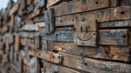 A textured wooden wall featuring cheerful smiley faces, emphasizing creativity and rustic charm.