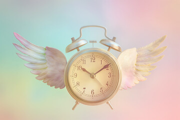 An alarm clock with angel wings, flying gracefully against a pastel background. This creative representation symbolizes the concept of time flies, time management, and free time