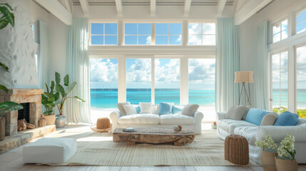 a living room with a large window overlooking the ocean, modern beach house with large windows and ocean views.Generative AI