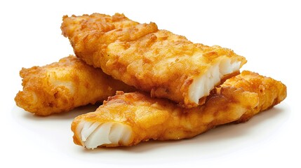 Macro view Golden crispy fried fish fingers on white background. AI generated image