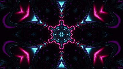 Cyber hallucinogenic snowflake fractal, blinking audio visualizer with pulsating neon retrowave colors, dark techno trance vj loop music festival background - Powered by Adobe