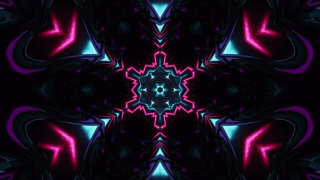 Cyber hallucinogenic snowflake fractal, blinking audio visualizer with pulsating neon retrowave colors,  dark techno trance vj loop music festival background