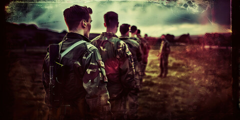 Fototapeta premium Strength in Numbers: A line of soldiers standing shoulder to shoulder, facing a distant horizon