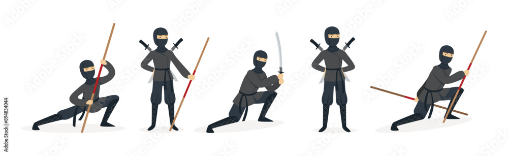 Poster man ninja character with face cover and weapon vector set
