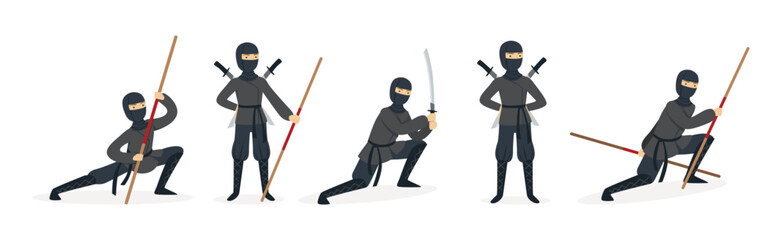 Man Ninja Character with Face Cover and Weapon Vector Set