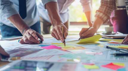 Team di persone che collaborano a un progetto di marketing. Concetto di lavoro di squadra e strategie collaborative nel marketing aziendale