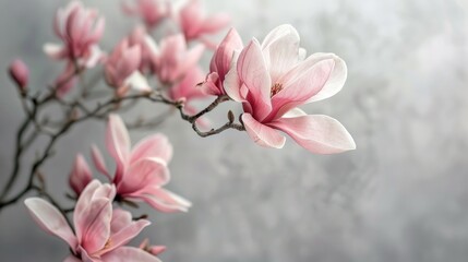 Close up of pink magnolia blossoms on a gray background