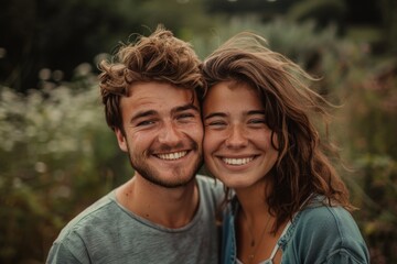 Obraz premium Portrait of a jovial couple in their 20s smiling at the camera