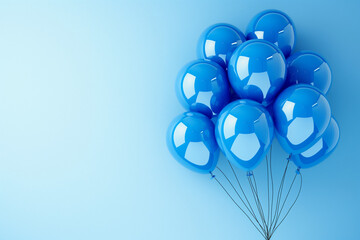 Fototapeta premium Blue helium balloons on blue background with copy space, room decoration for a birthday party, concept of happiness and celebration, bunch of big blue balloons for wedding, anniversary