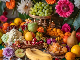 A close-up of Navaratri prasad items including fruits, sweets, and sacred offerings, arranged beautifully on a decorated altar.