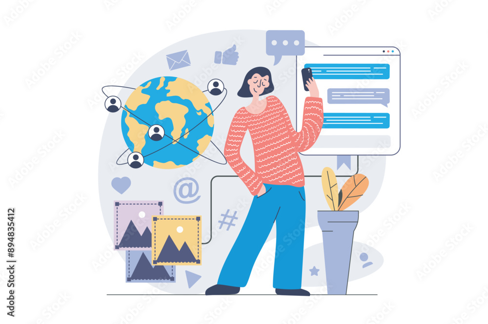 Poster social network concept in modern flat design for web. woman sending messages and emails, chatting wi