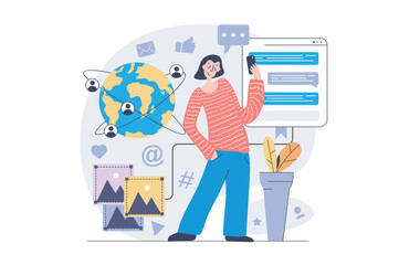 Social network concept in modern flat design for web. Woman sending messages and emails, chatting with global friends, sharing information online, making photo posts in blog. Vector illustration.