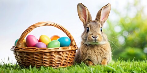 Adorable Easter bunny with a basket full of colorful eggs , Easter, bunny, eggs, spring, holiday, cute, fluffy