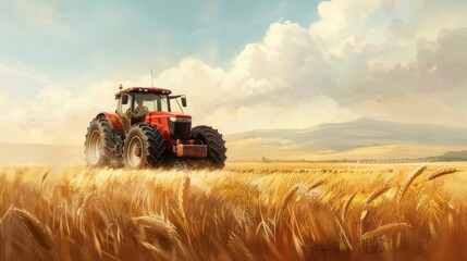 Fototapeta premium A vibrant tractor plowing golden wheat fields under a bright sky, showcasing the beauty of agricultural landscapes.