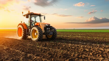 Obraz premium A vibrant tractor plowing the field at sunset, showcasing modern agriculture and rural life in a picturesque landscape.