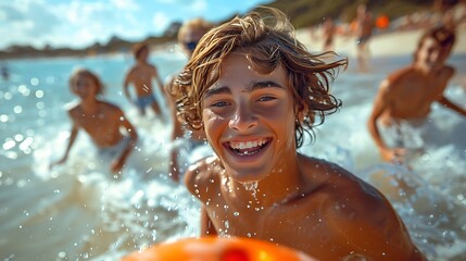 Friends enjoying a game of beach frisbee, their faces filled with excitement and the sunny beach setting in the background 