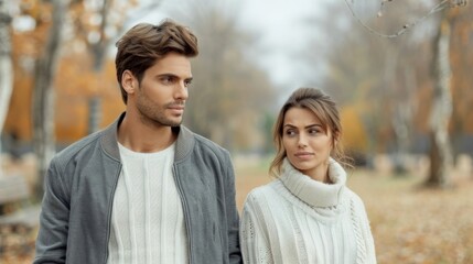 Fototapeta premium Couple Experiencing Communication Issues in Quiet Park Autumn Setting